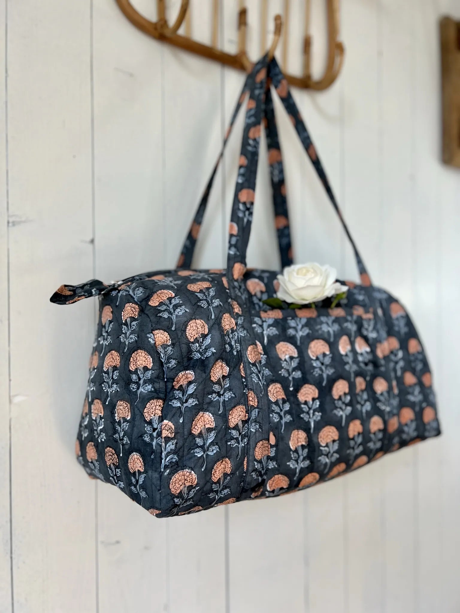 ojigi sac week-end coton block print quilté marigold ardoise et rose orangé