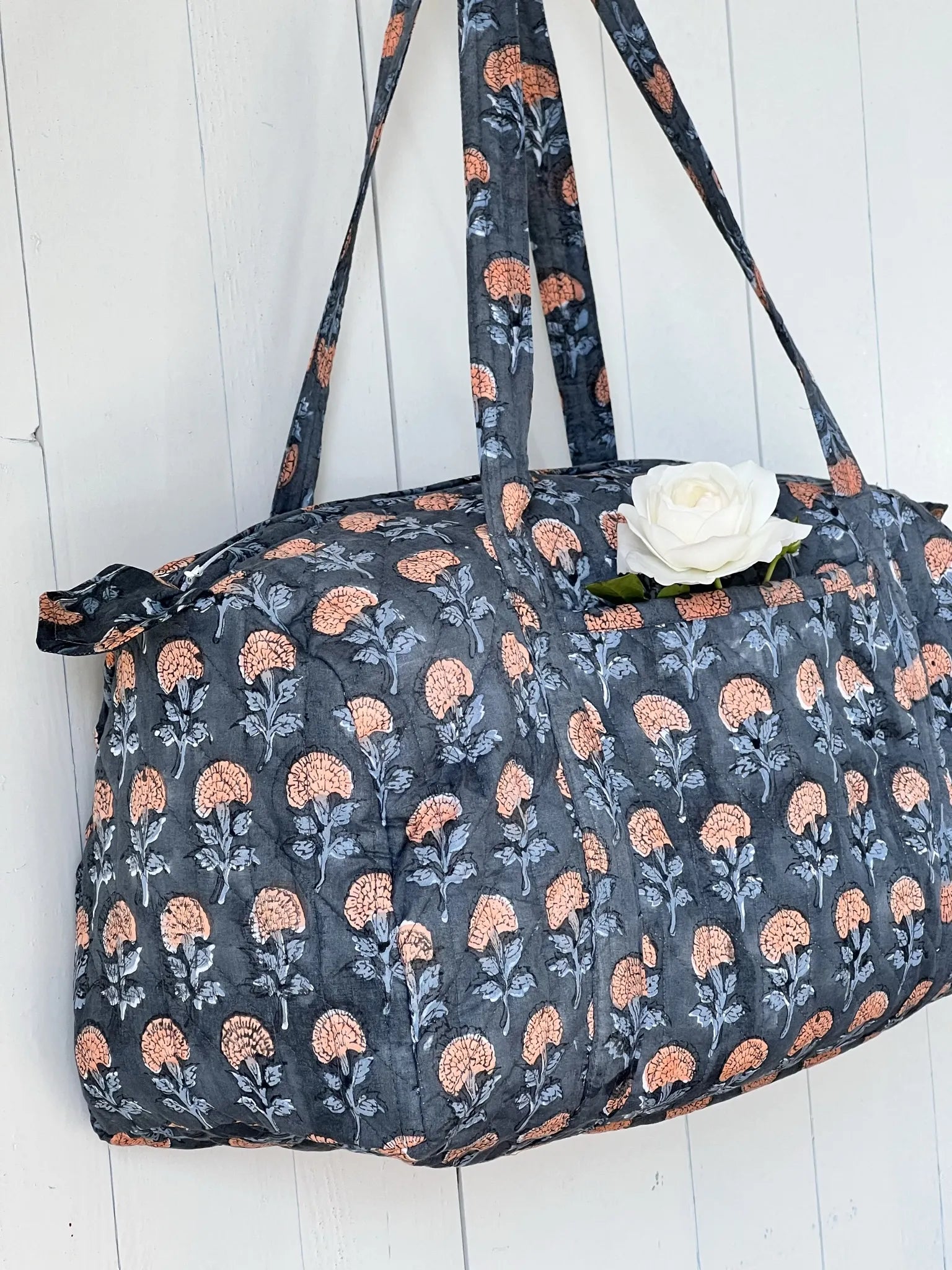 ojigi sac week-end coton block print quilté marigold ardoise et rose orangé