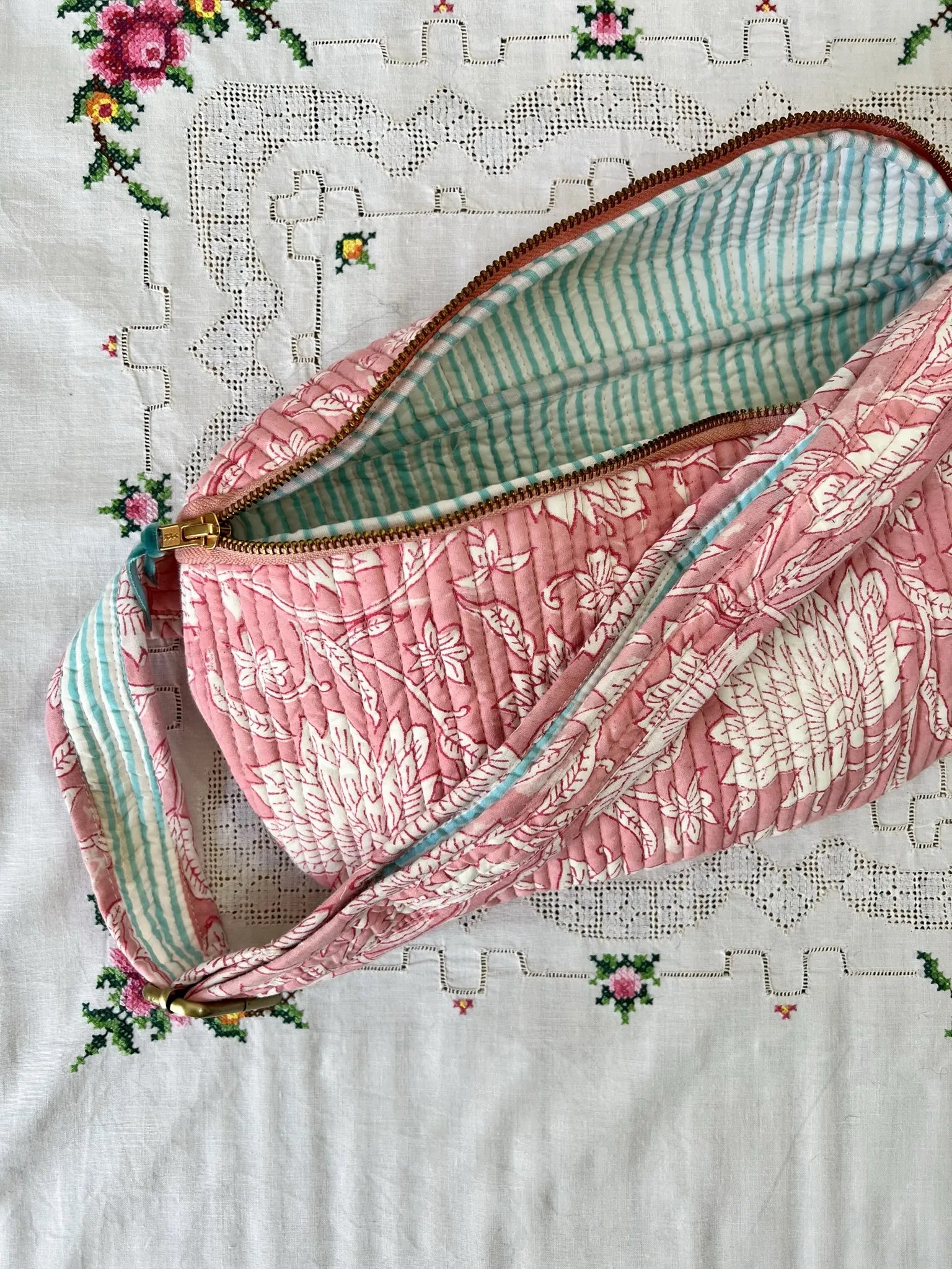 ojigi sac banane happy coton quilté block print liseron rose