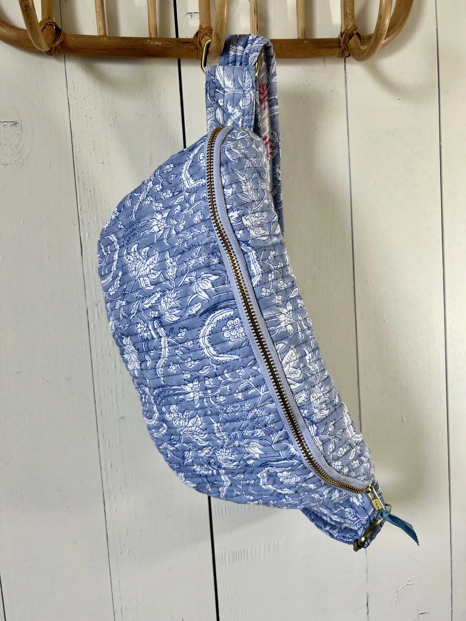 ojigi sac banane happy coton quilté block print liseron bleu