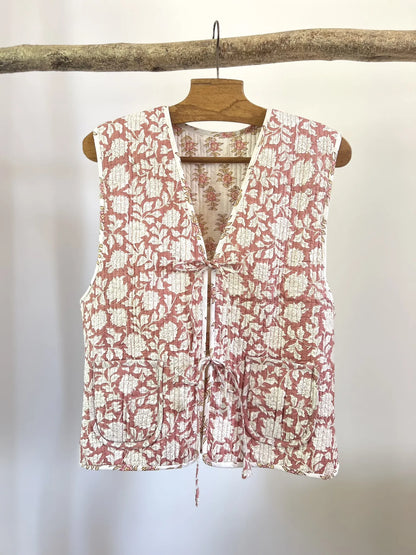 Gilet matelassé réversible imprimé block-print - Bois de rose