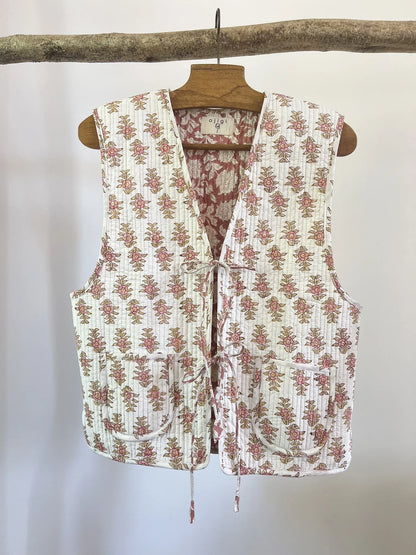 Gilet matelassé réversible imprimé block-print - Bois de rose