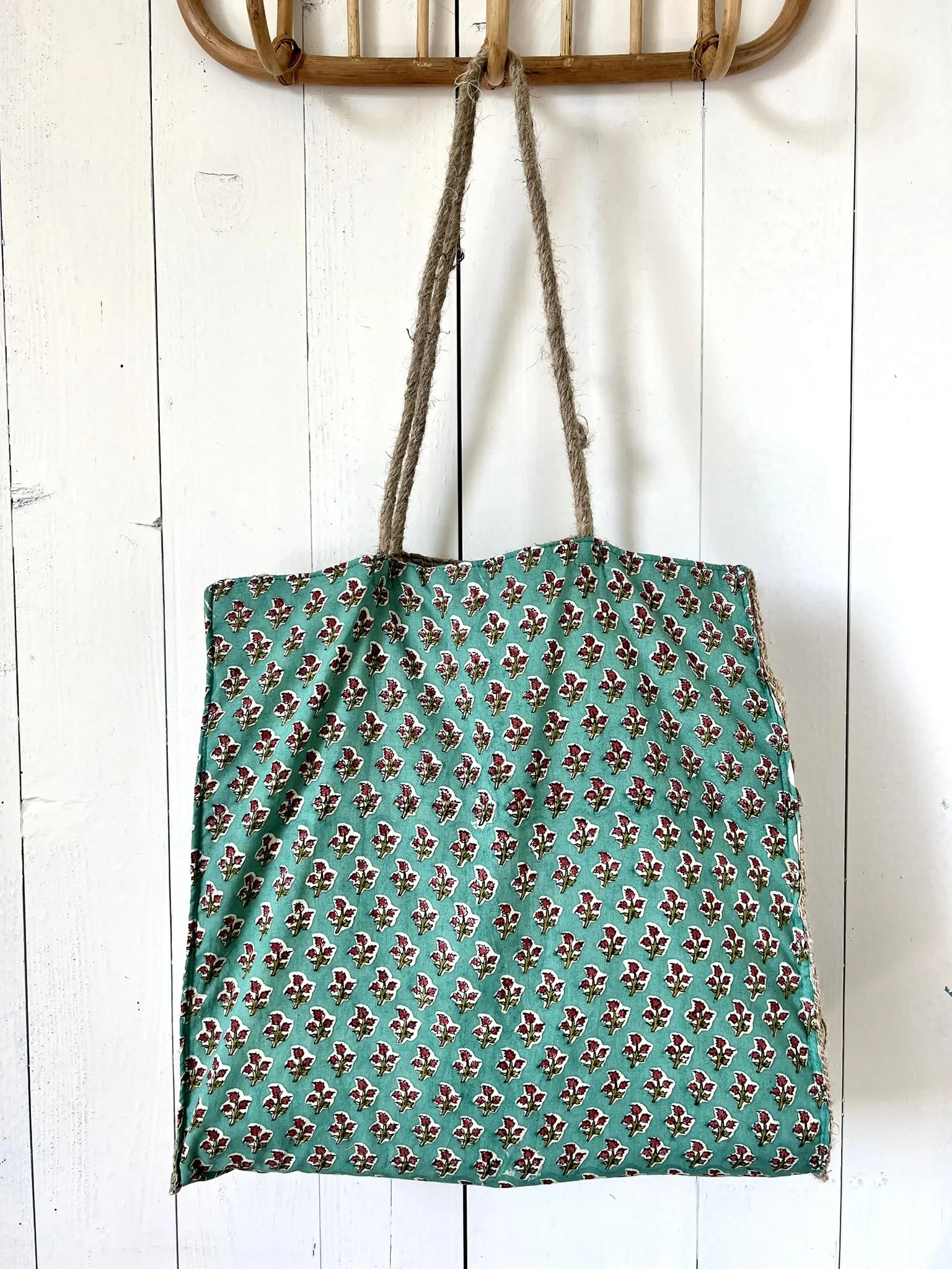 ojigi sac jute et coton block print menthe turquoise