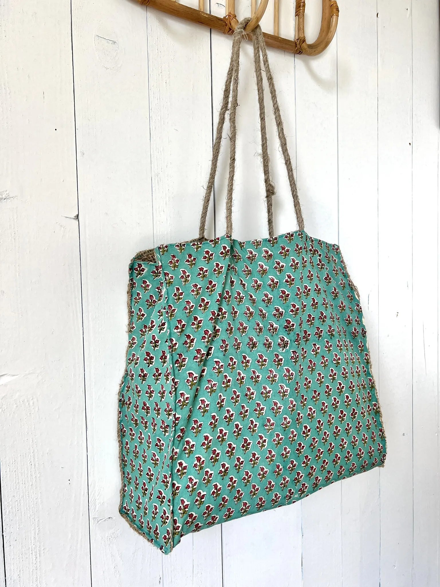 ojigi sac jute et coton block print menthe turquoise