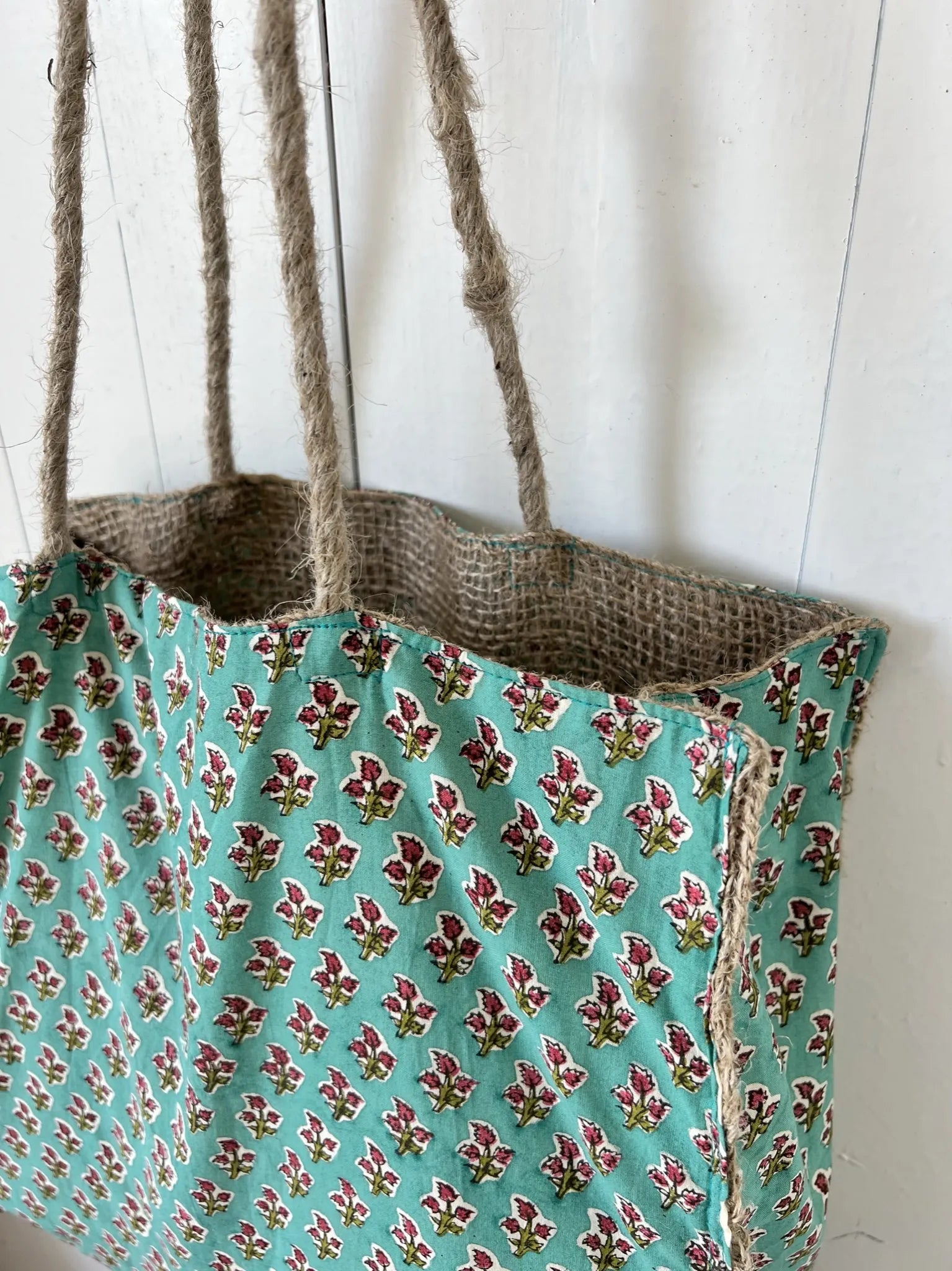 ojigi sac jute et coton block print menthe turquoise