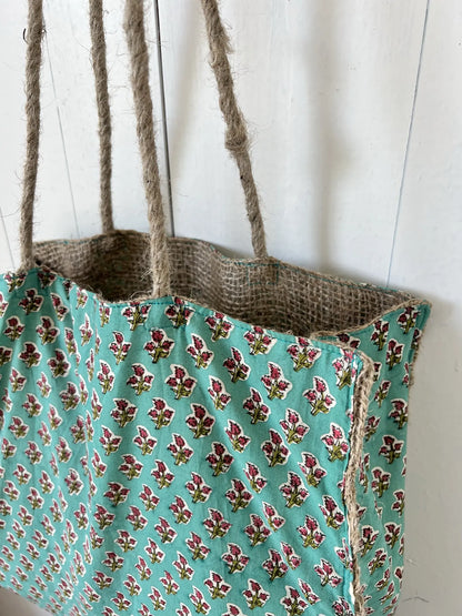 ojigi sac jute et coton block print menthe turquoise