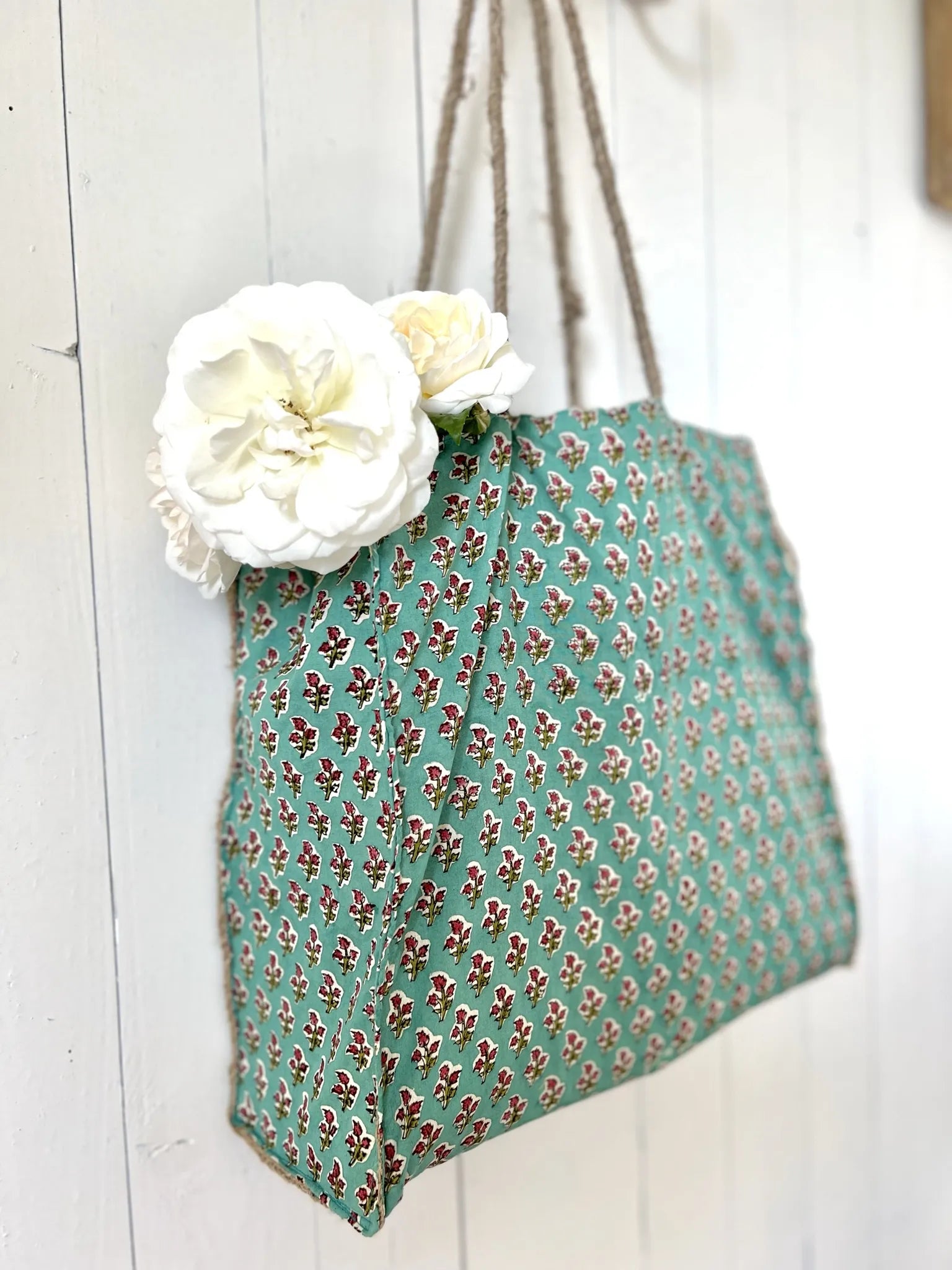 ojigi sac jute et coton block print menthe turquoise
