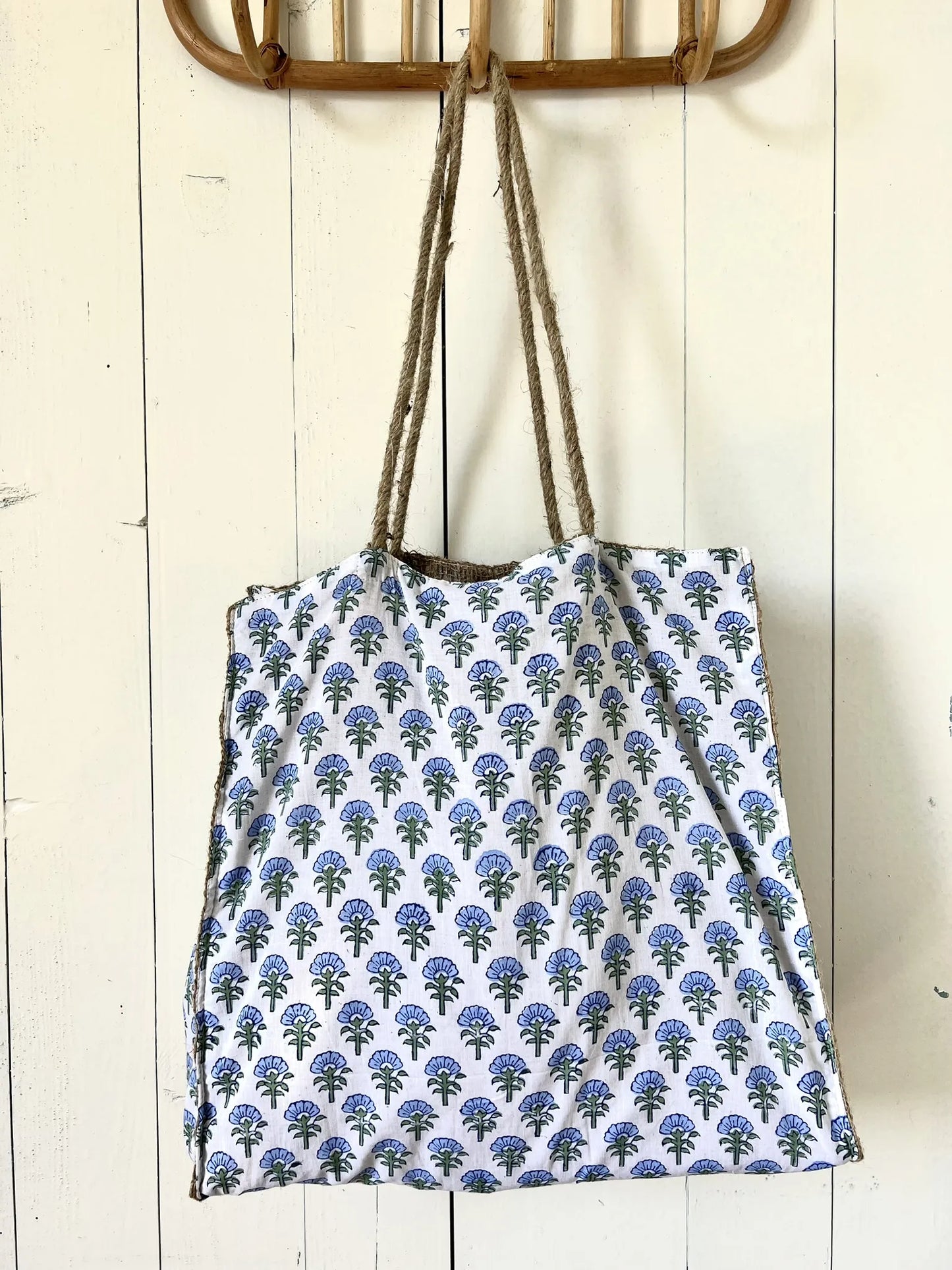 ojigi sac jute et coton block print bleuet bleu