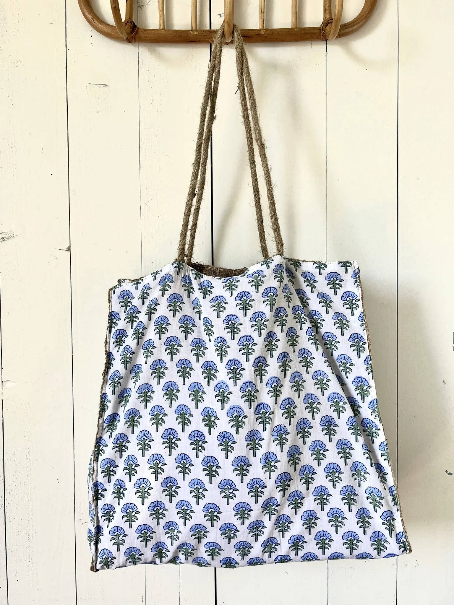 ojigi sac jute et coton block print bleuet bleu