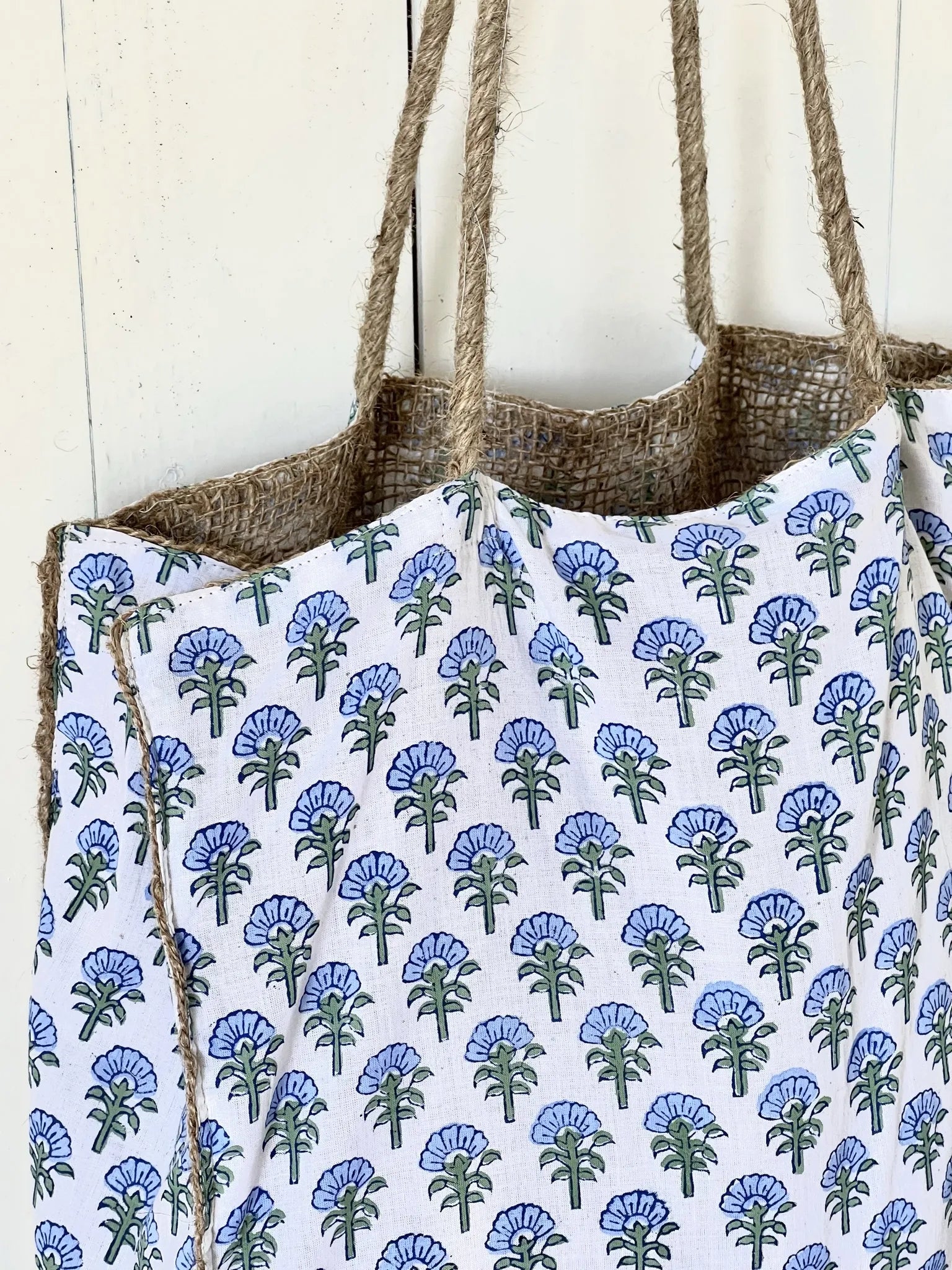 ojigi sac jute et coton block print bleuet bleu