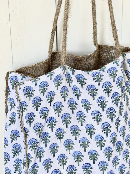 ojigi sac jute et coton block print bleuet bleu