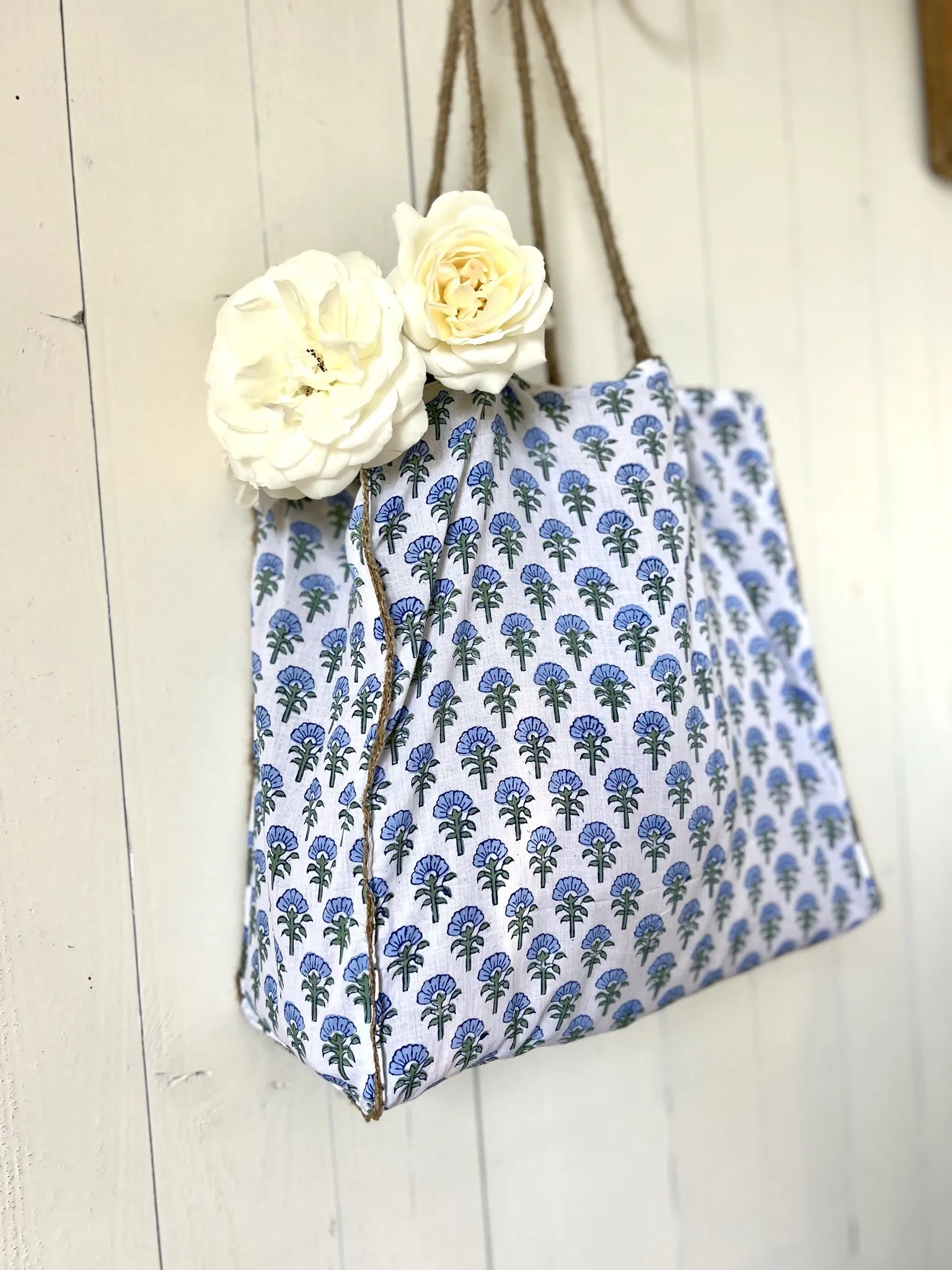 ojigi sac jute et coton block print bleuet bleu