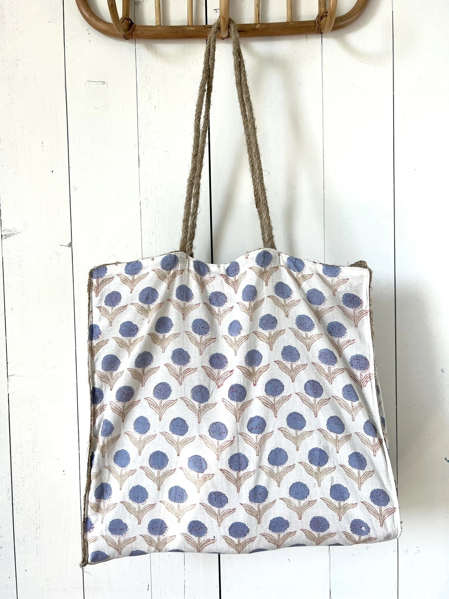 ojigi sac jute et coton block print dahlia bleu
