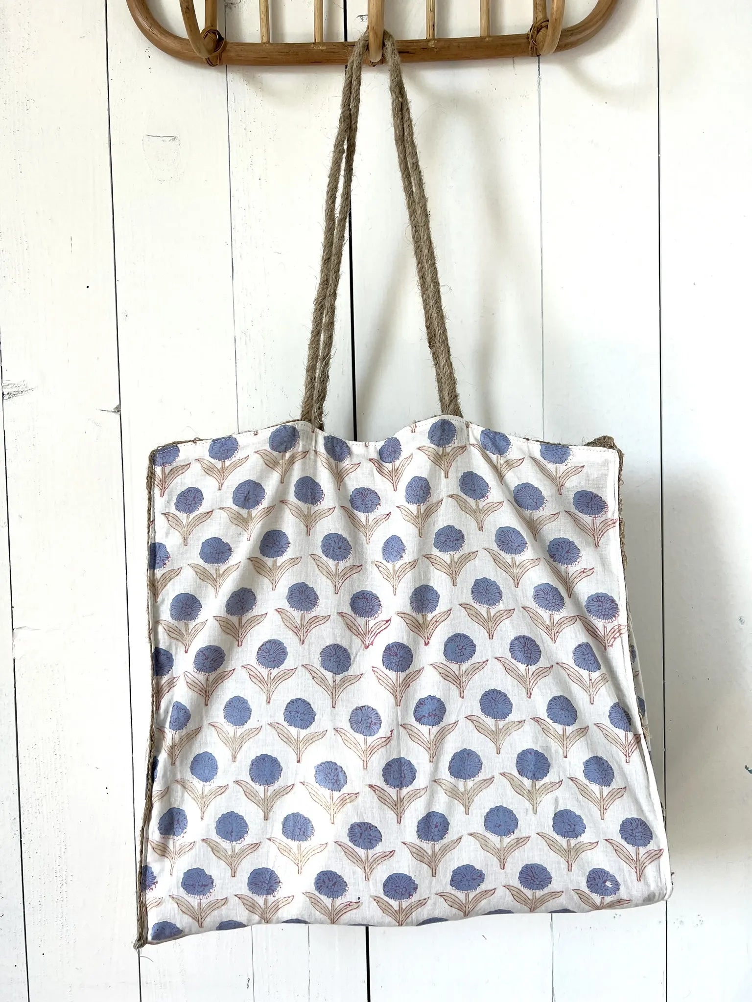 ojigi sac jute et coton block print dahlia bleu