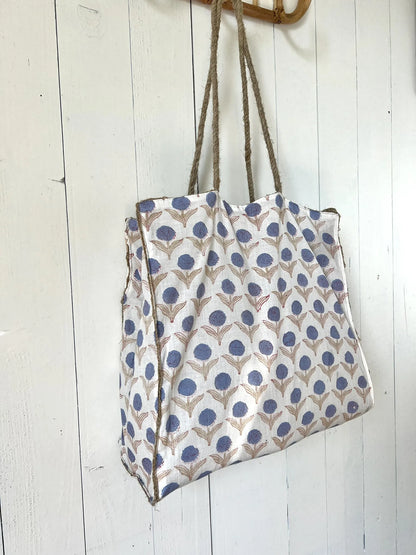 ojigi sac jute et coton block print dahlia bleu