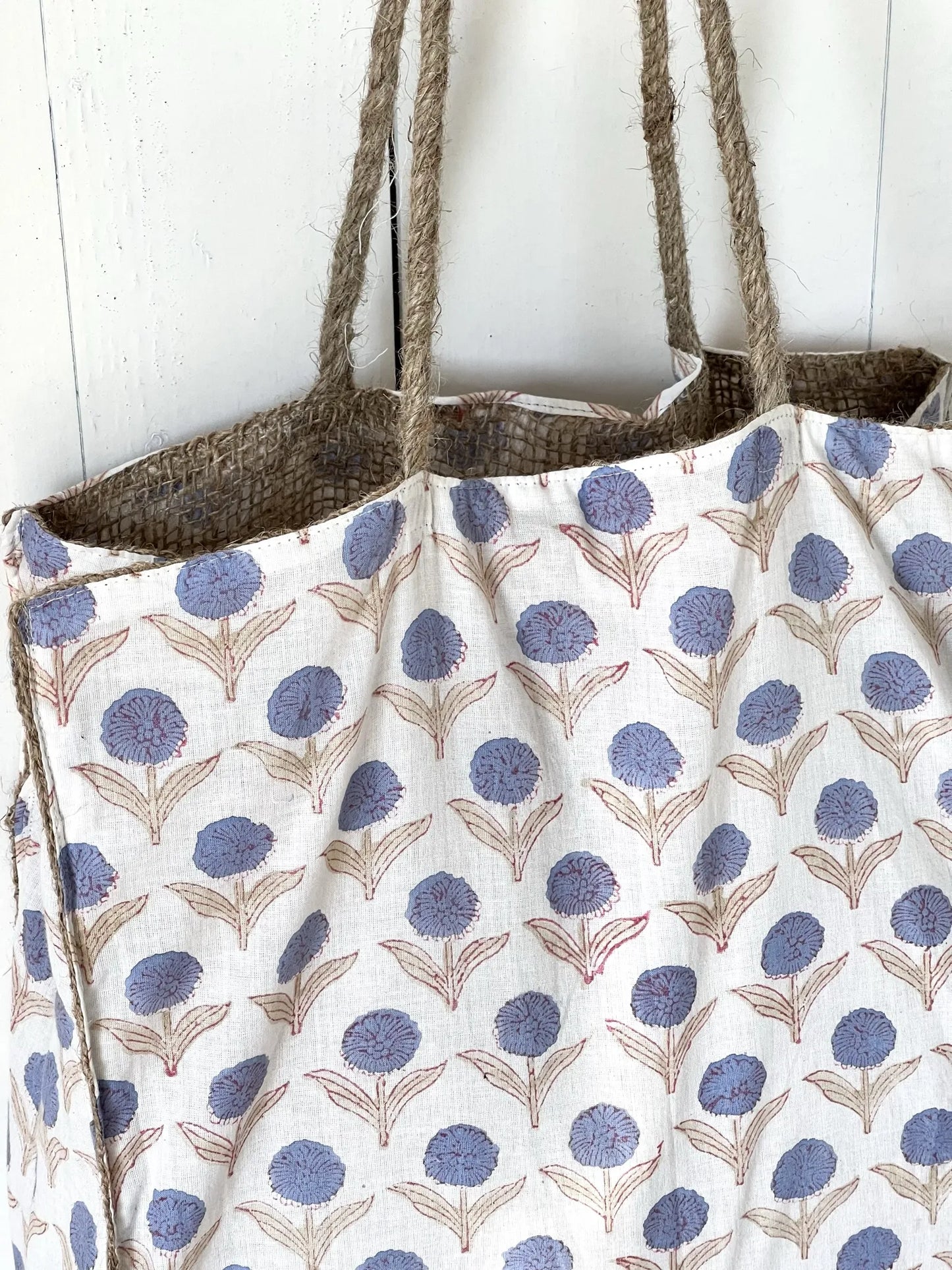 ojigi sac jute et coton block print dahlia bleu