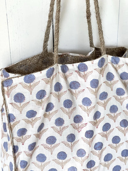ojigi sac jute et coton block print dahlia bleu