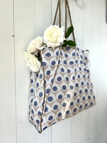 ojigi sac jute et coton block print dahlia bleu
