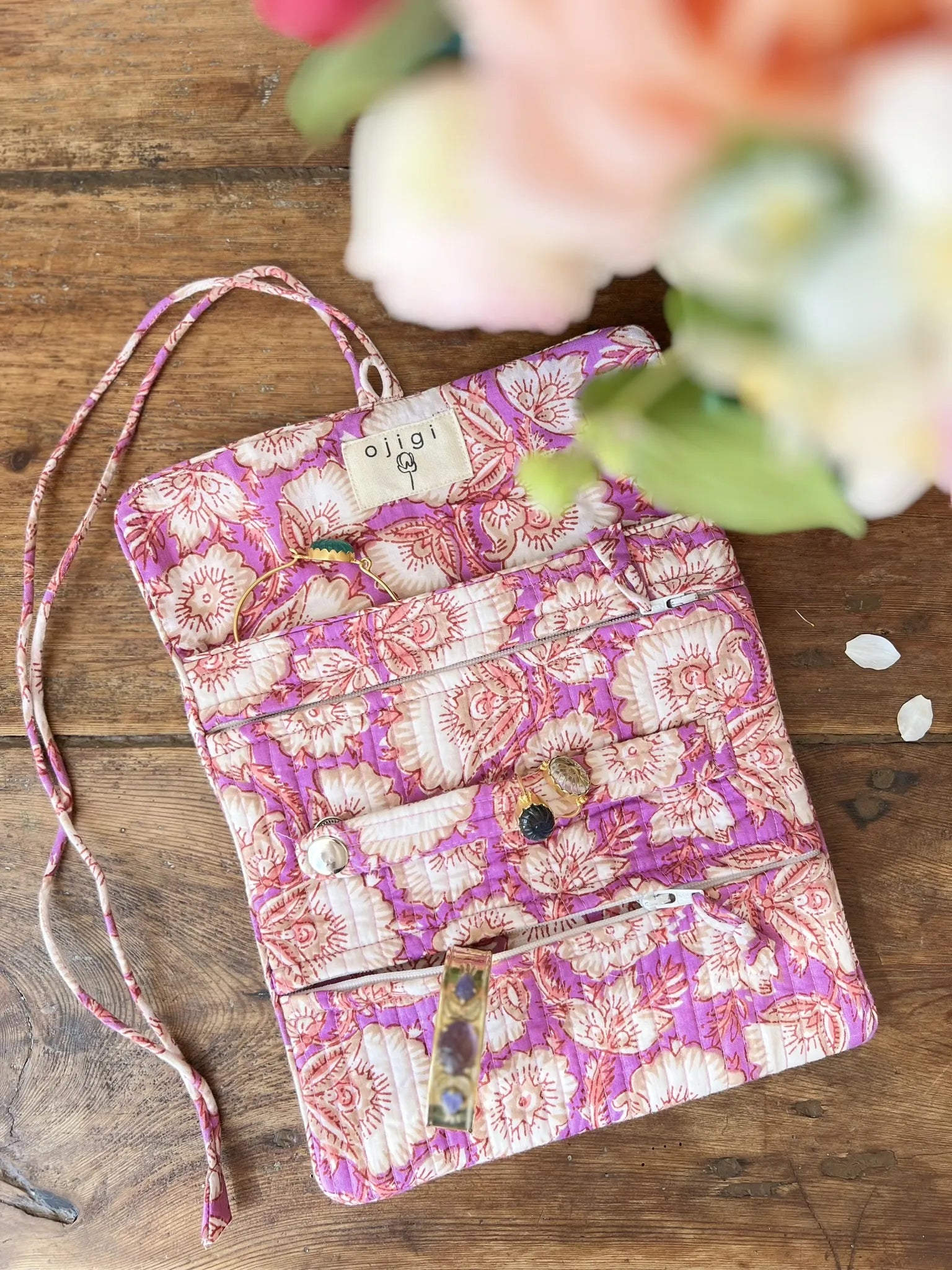 ojigi pochette quiltée à bijoux de voyage block print