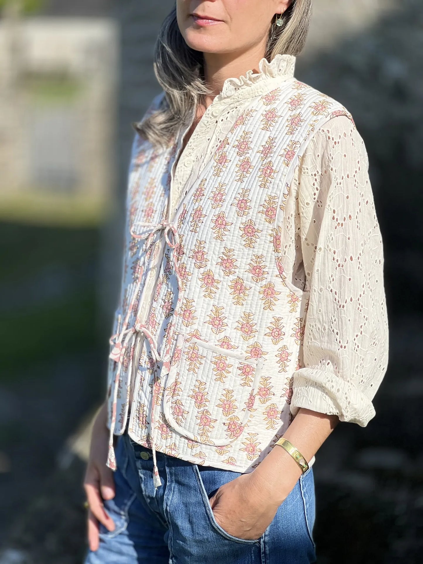 Gilet matelassé réversible imprimé block-print - Bois de rose