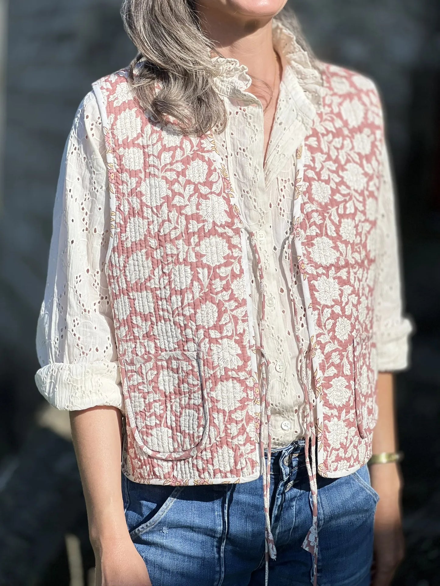 Gilet matelassé réversible imprimé block-print - Bois de rose