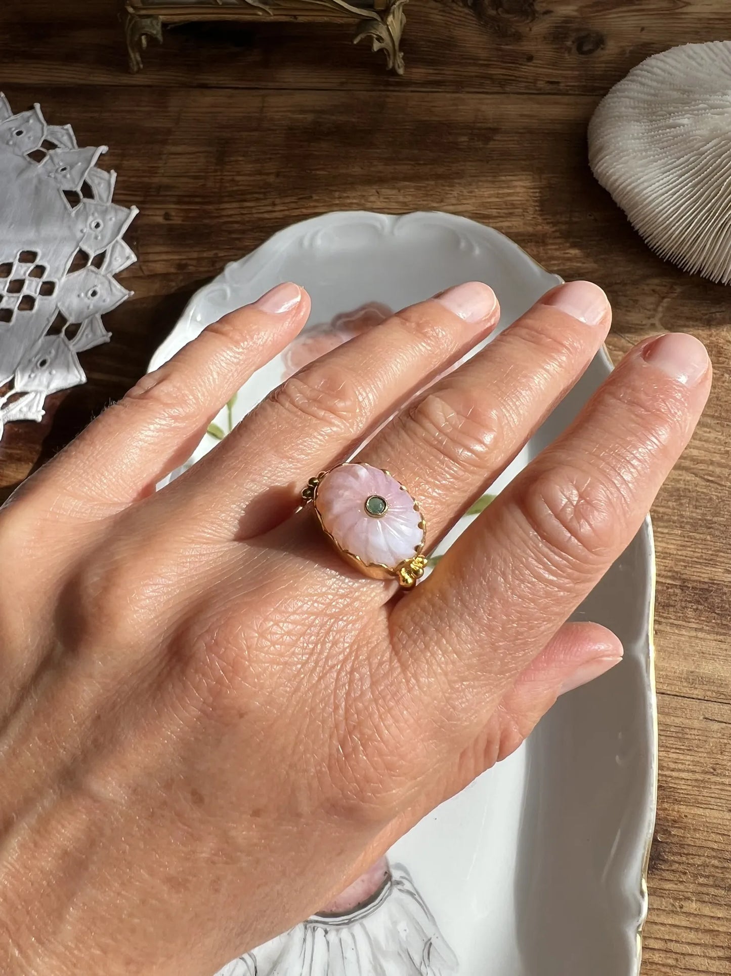 ojigi bague Luce opale rose et onyx vert