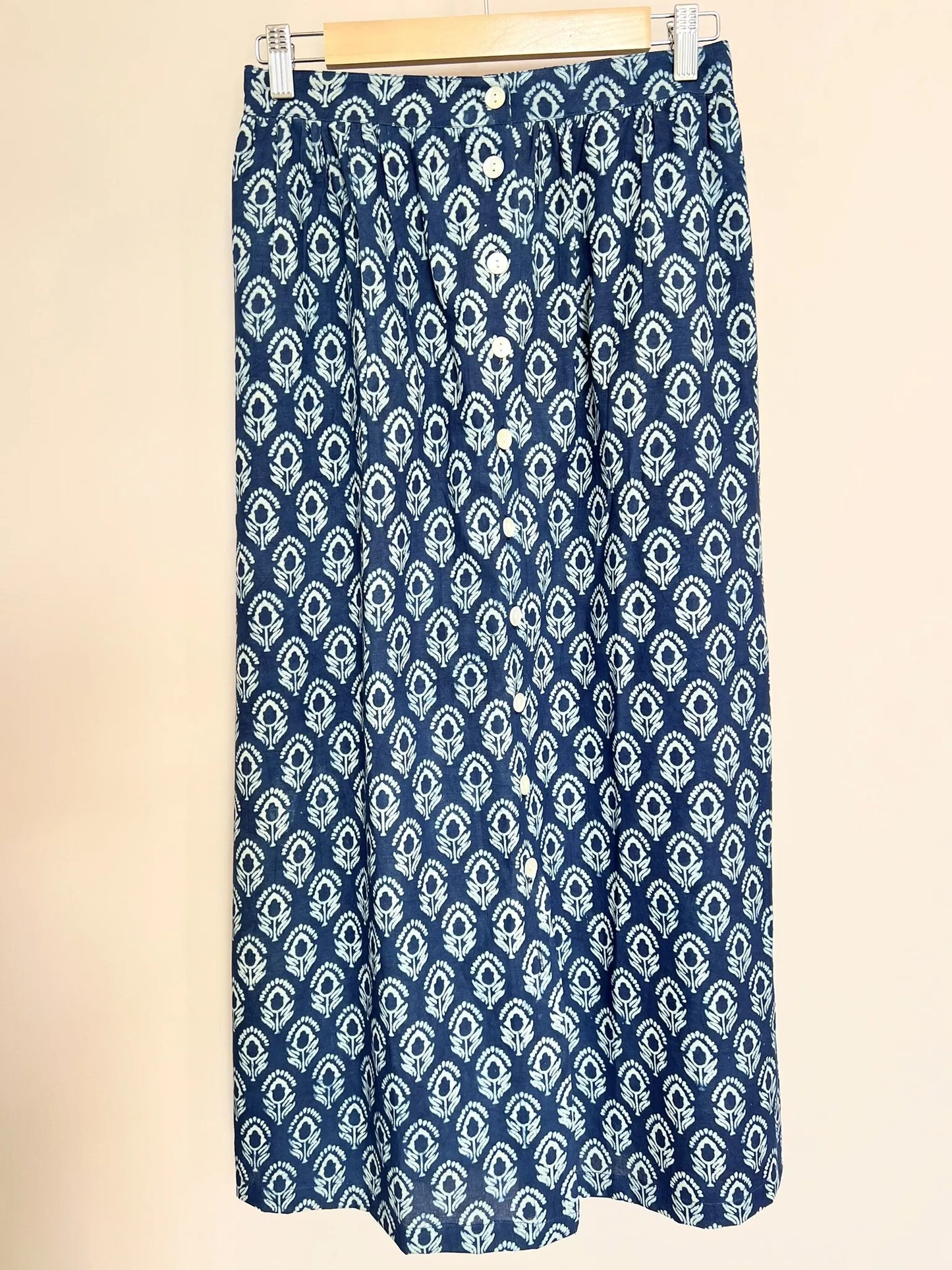 ojigi jupe longue block print indigo