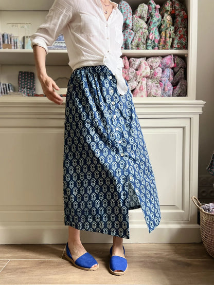 ojigi jupe longue block print indigo