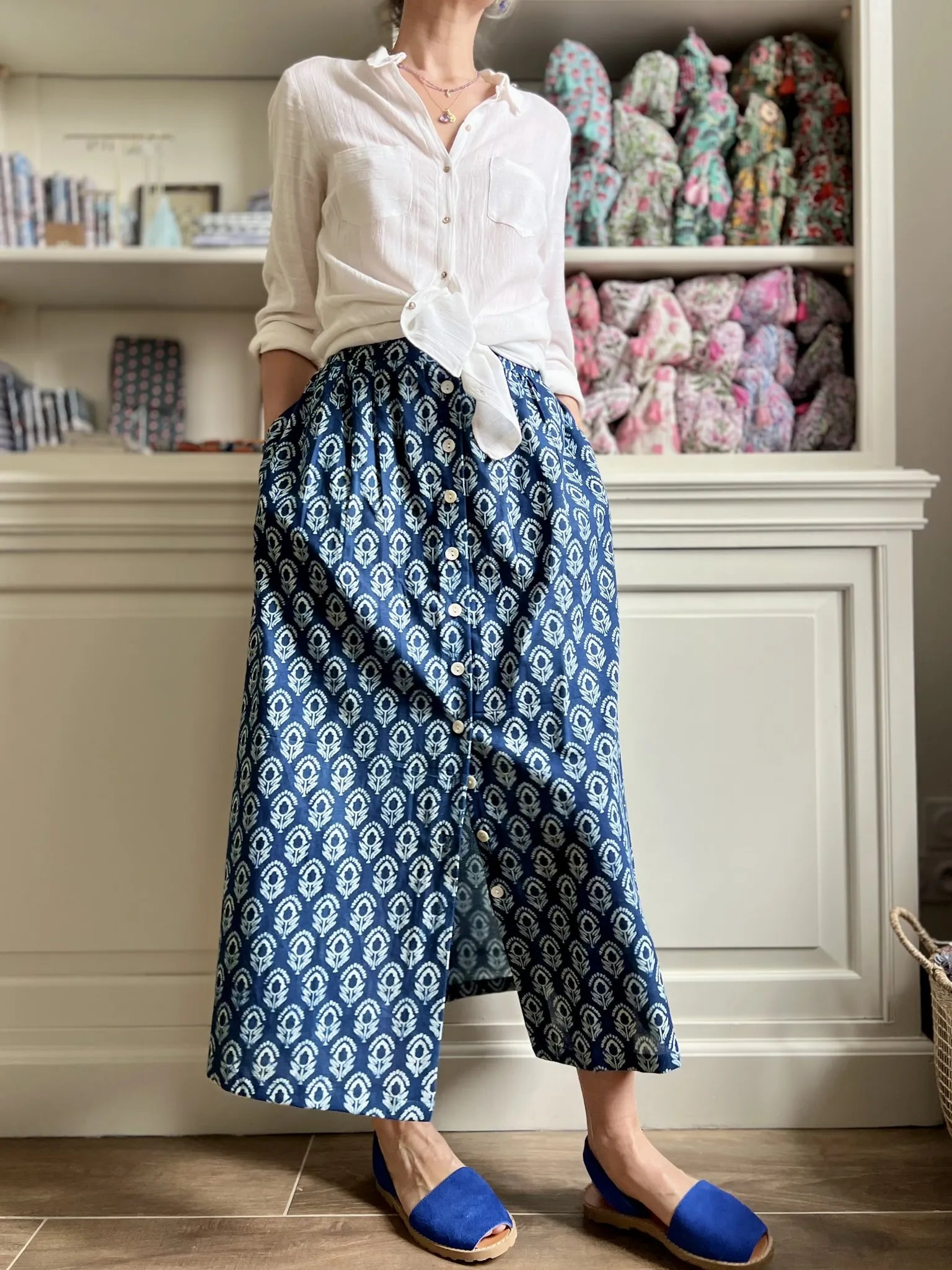 Jupe longue boutonnee block print Indigo