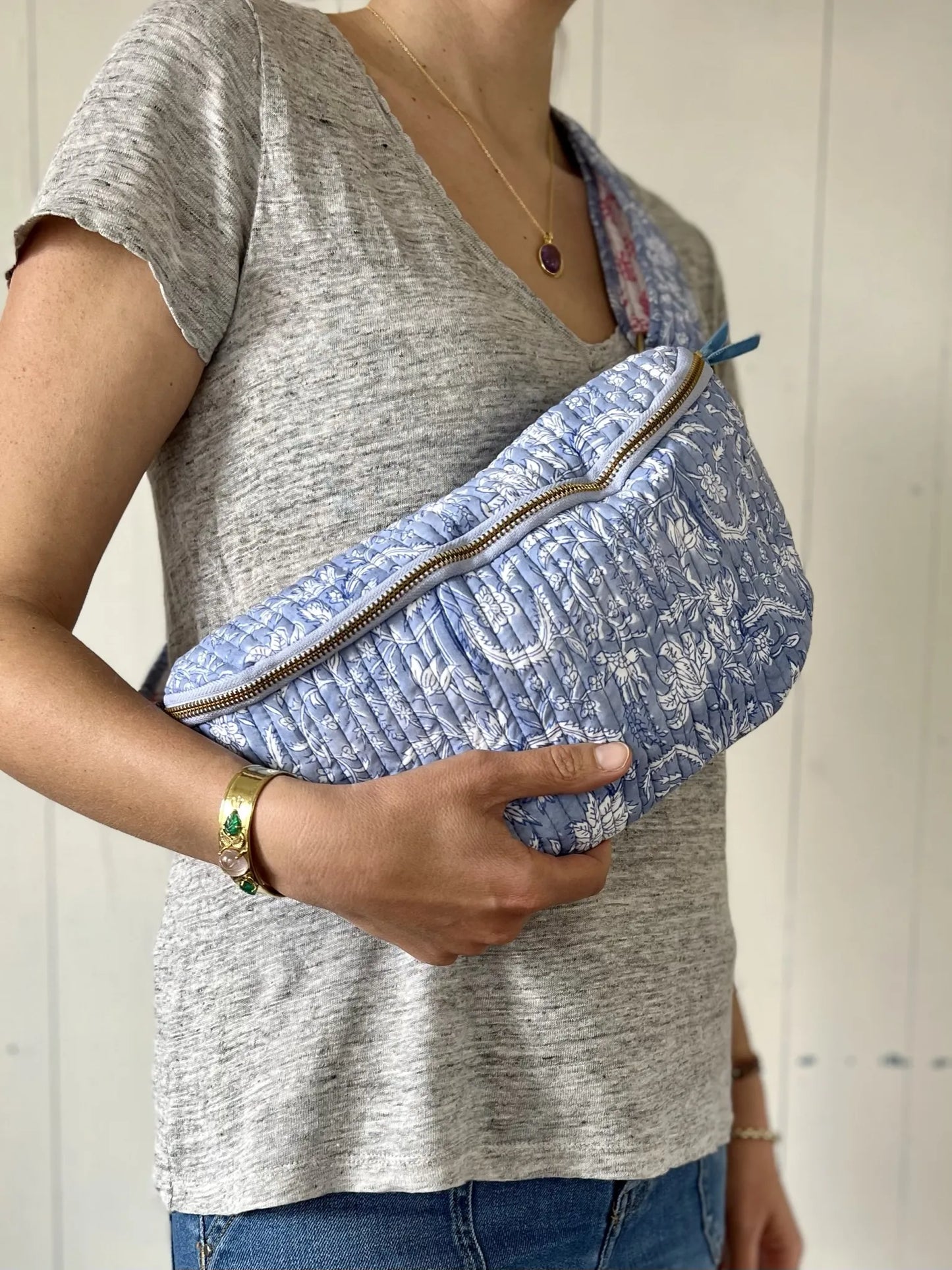 ojigi sac banane happy coton quilté block print liseron bleu