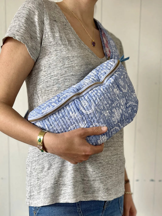 ojigi sac banane happy coton quilté block print liseron bleu