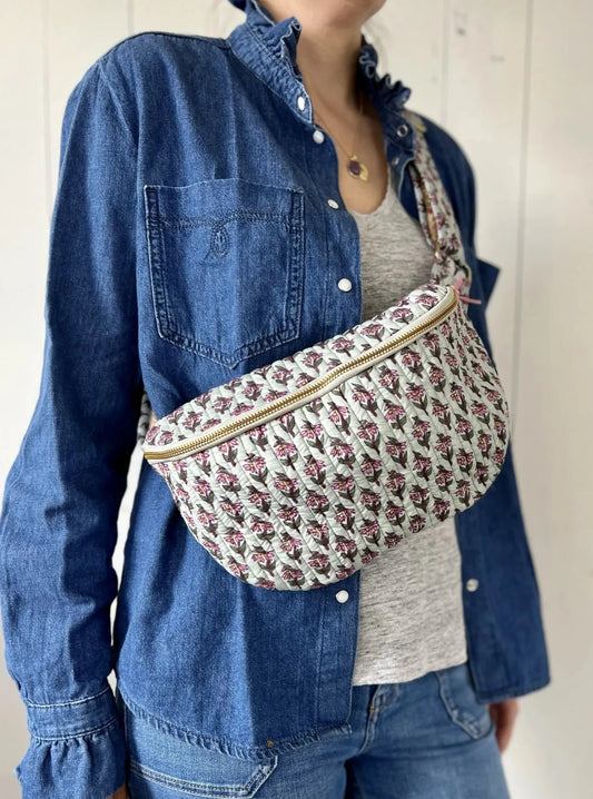 ojigi sac banane happy coton quilté block print cyclamen vert de gris et rose