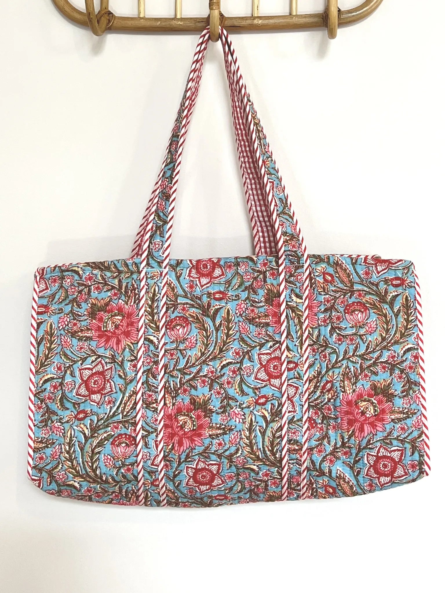 ojigi cabas matelassé block print pivoine turquoise rose rouge