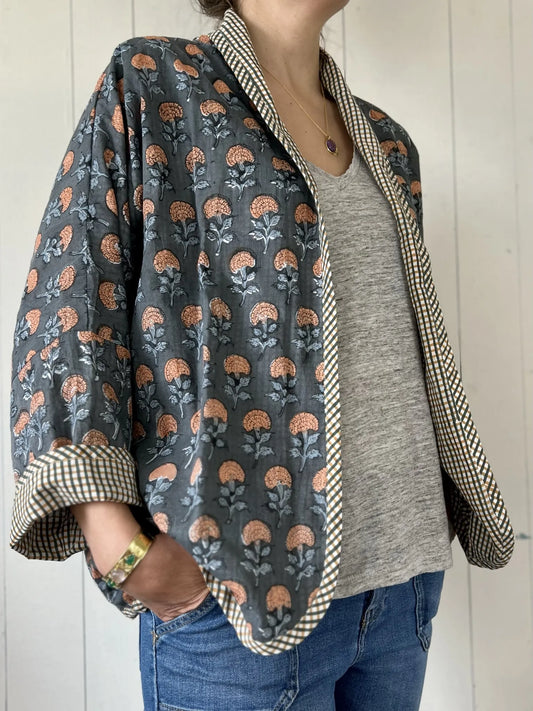 ojigi veste paletot Léonor bleu grisé et rose orangé