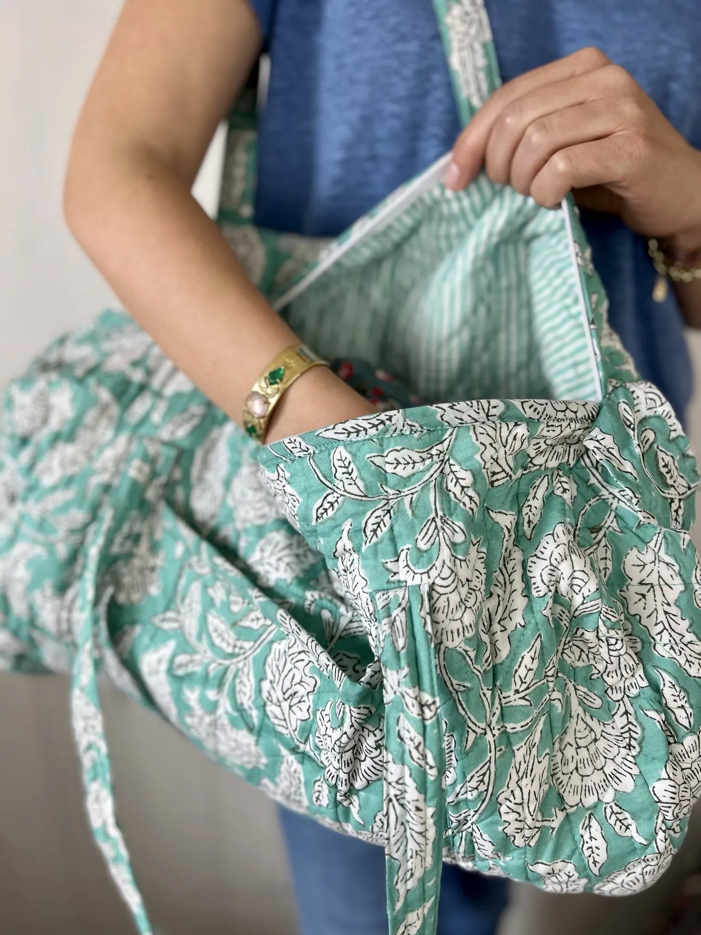 ojigi sac week-end coton block print quilté liseron turquoise