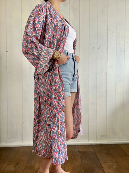 ojigi kimono Goa bleu ciel rose vert