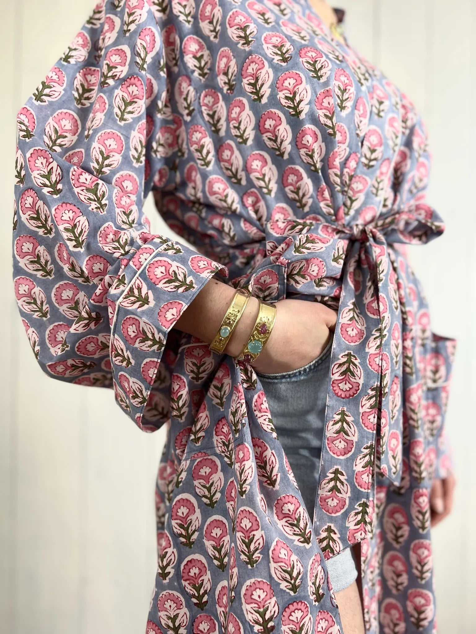 ojigi kimono Goa bleu ciel rose vert