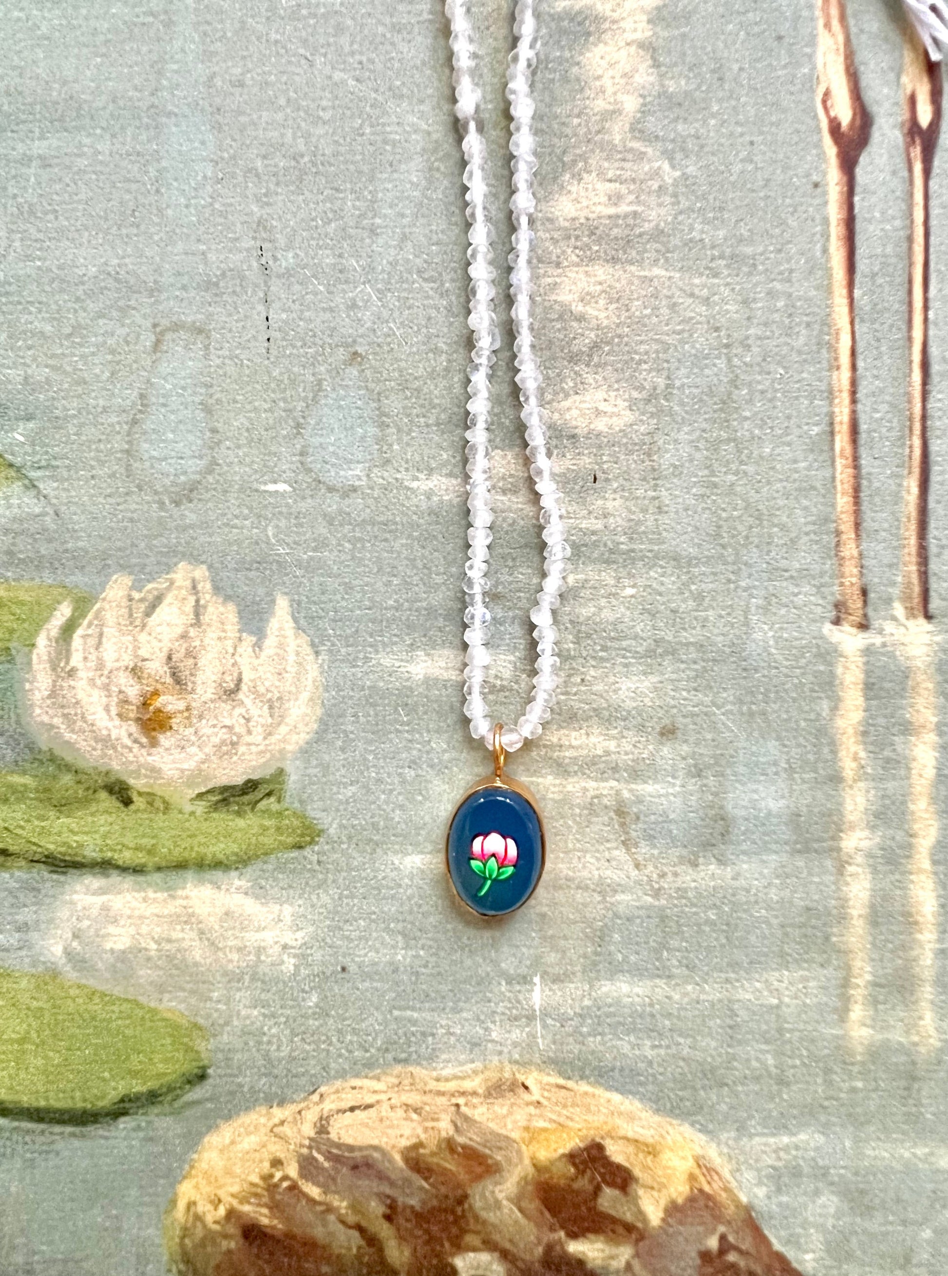 ojigi pendentif peint miniature bouton fleur bleu 