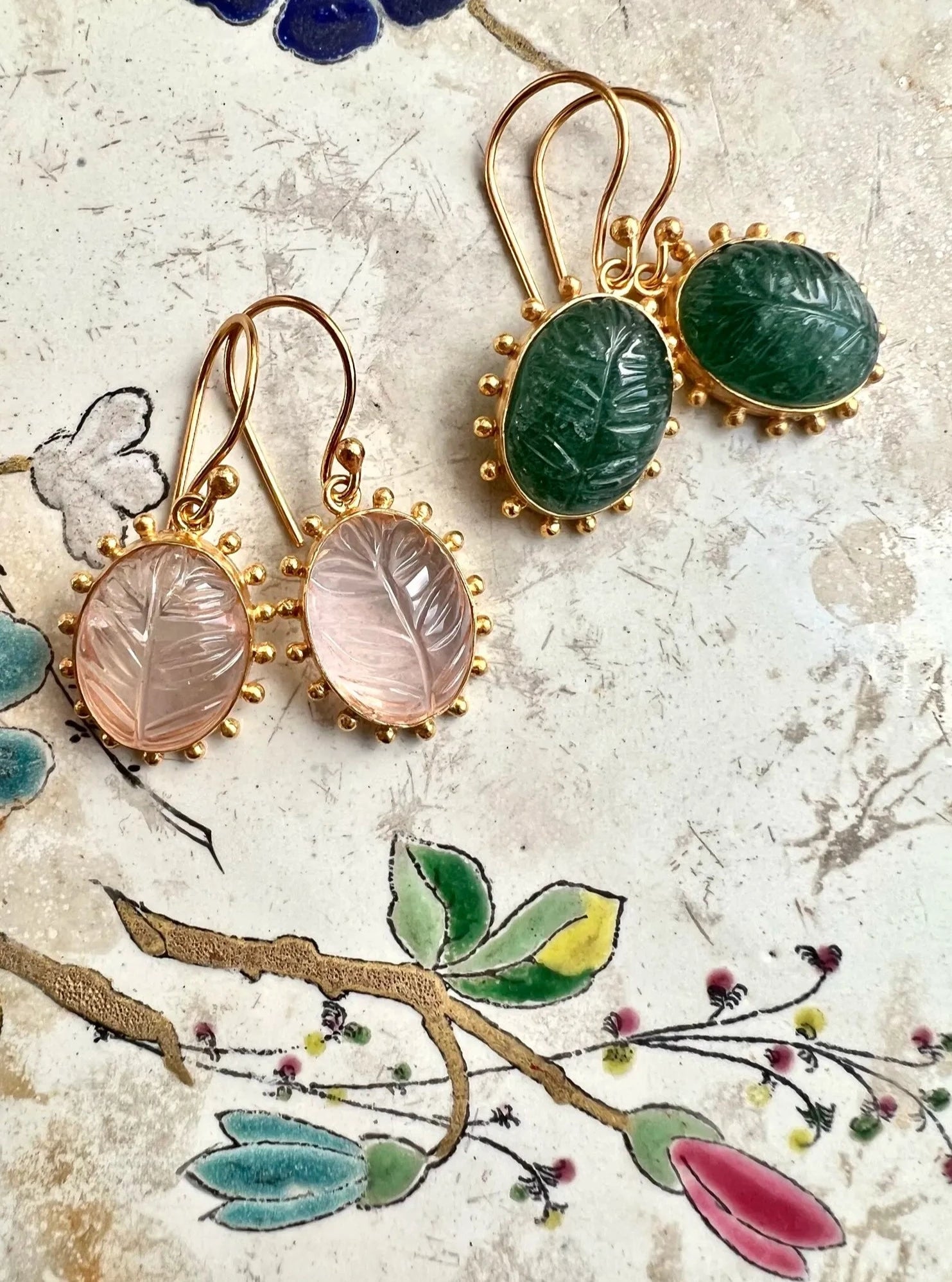 ojigi boucles d'oreilles dormeuse palme aventurine verte et quartz rose