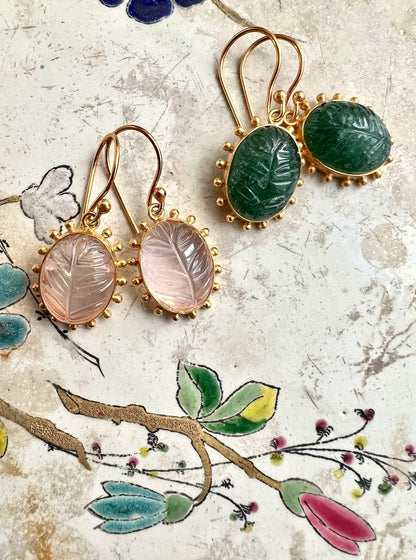 ojigi boucles d'oreilles dormeuse carving stone palme quartz rose aventurine