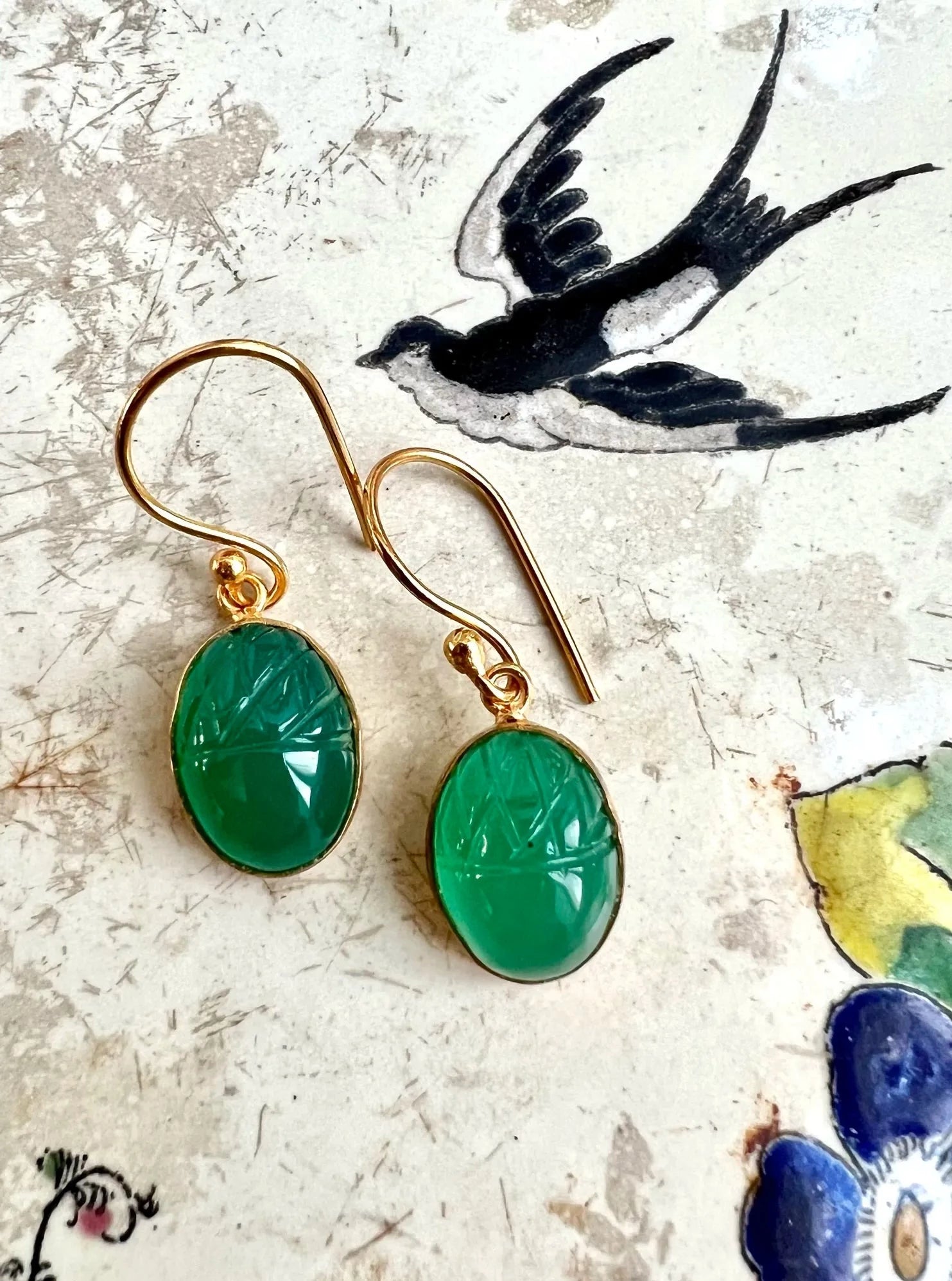 ojigi boucles d'oreilles dormeuses gland onyx verte