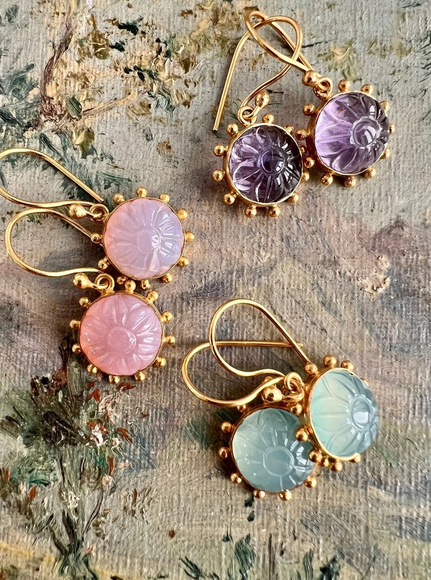 ojigi boucles d'oreilles dormeuses fleurs améthyste opale rose calcite bleue