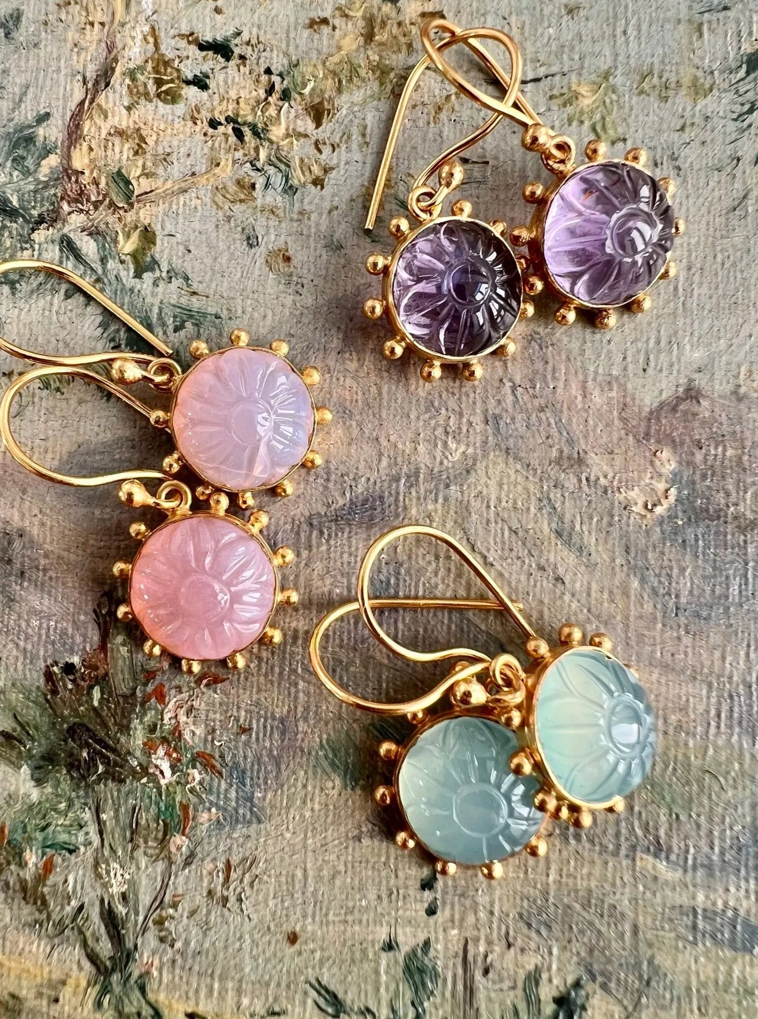 ojigi boucles d'oreilles dormeuses fleurs améthyste opale rose calcite 