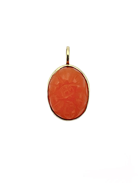ojigi pendentif carving stone fleur ovale cornaline