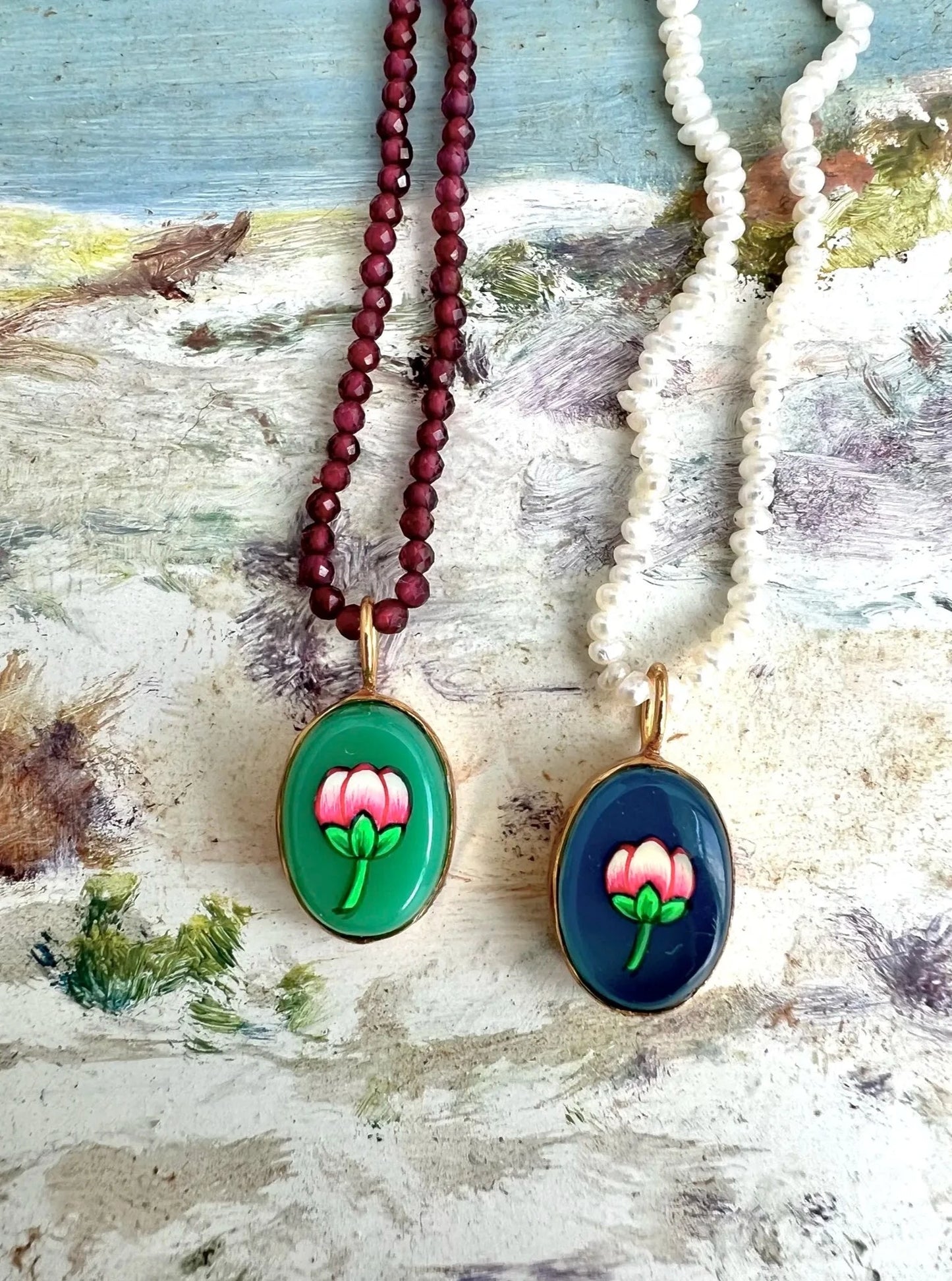 ojigi pendentif peint miniature bouton fleur bleu vert
