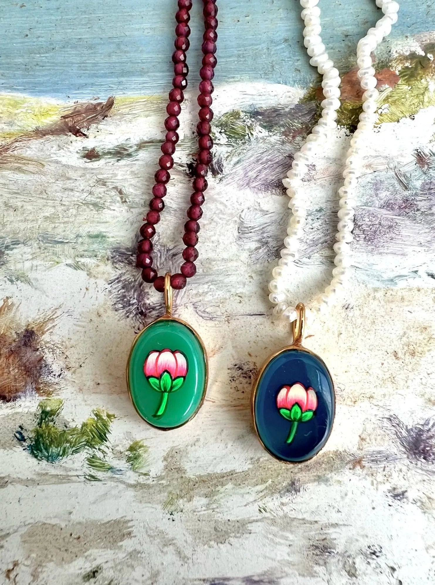 ojigi pendentif peint miniature bouton fleur bleu vert